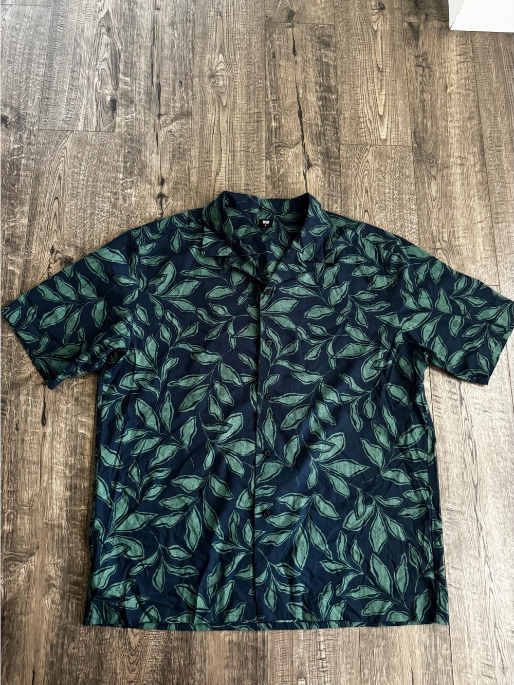 Uniqlo Navy Button-Down Shirt with Green Leaf Print